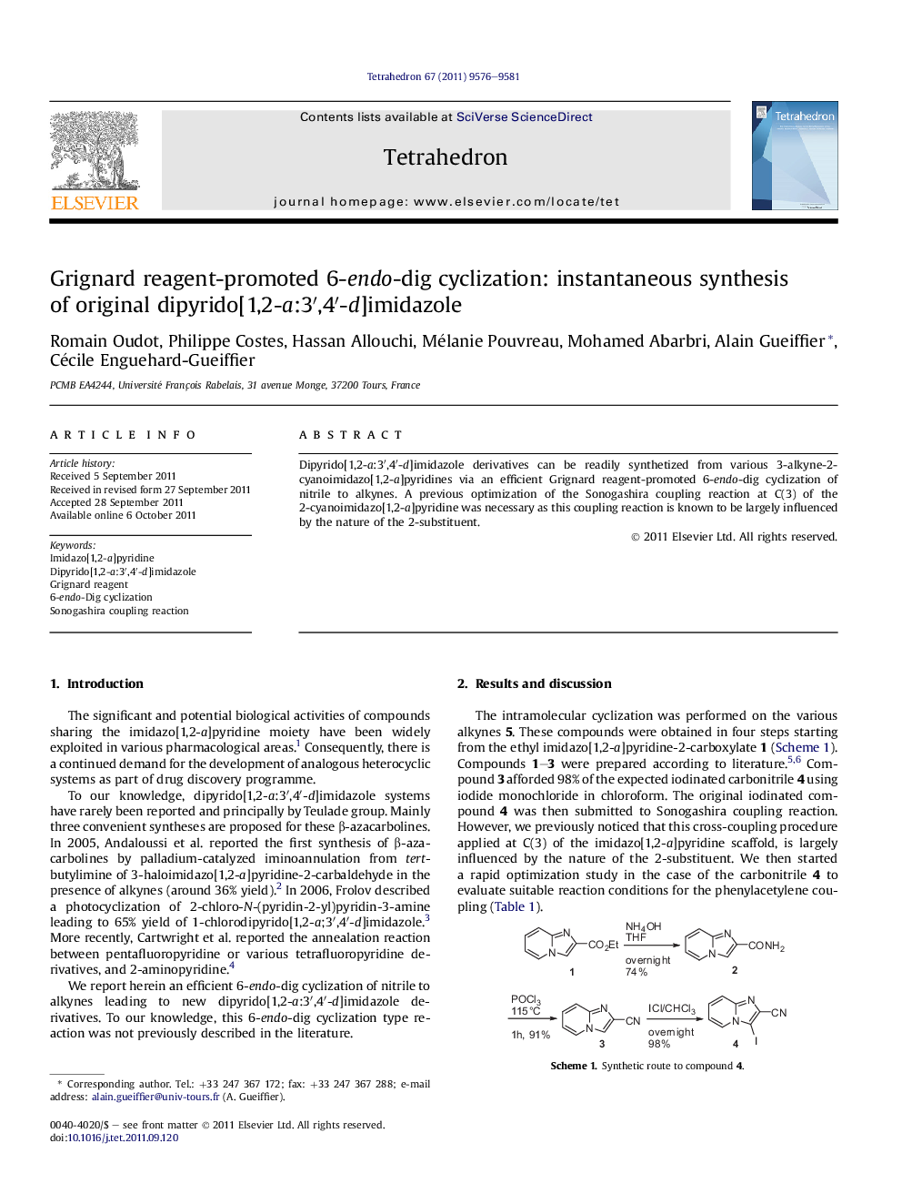 Grignard reagent-promoted 6-endo-dig cyclization: instantaneous synthesis of original dipyrido[1,2-a:3â²,4â²-d]imidazole