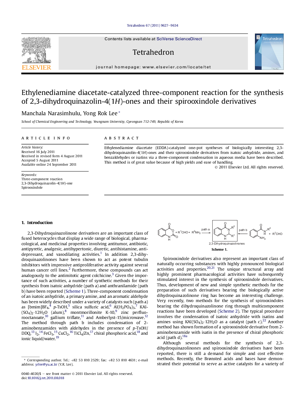 Ethylenediamine diacetate-catalyzed three-component reaction for the synthesis of 2,3-dihydroquinazolin-4(1H)-ones and their spirooxindole derivatives