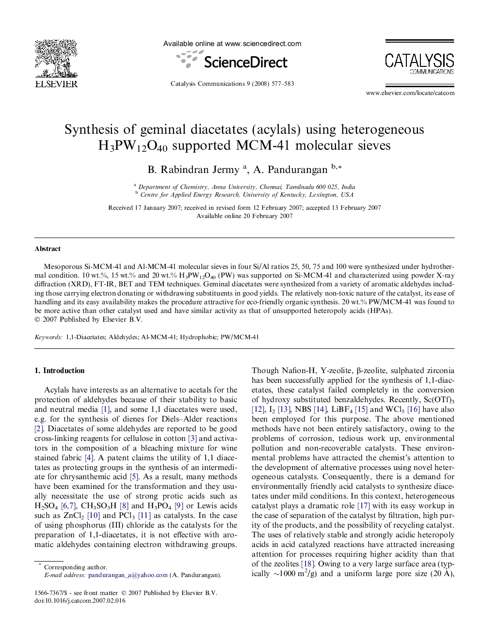 Synthesis of geminal diacetates (acylals) using heterogeneous H3PW12O40 supported MCM-41 molecular sieves