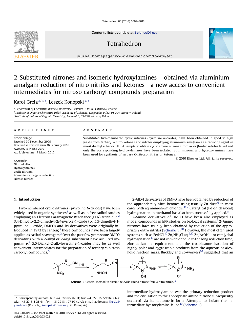 2-Substituted nitrones and isomeric hydroxylamines - obtained via aluminium amalgam reduction of nitro nitriles and ketones-a new access to convenient intermediates for nitroso carbonyl compounds preparation