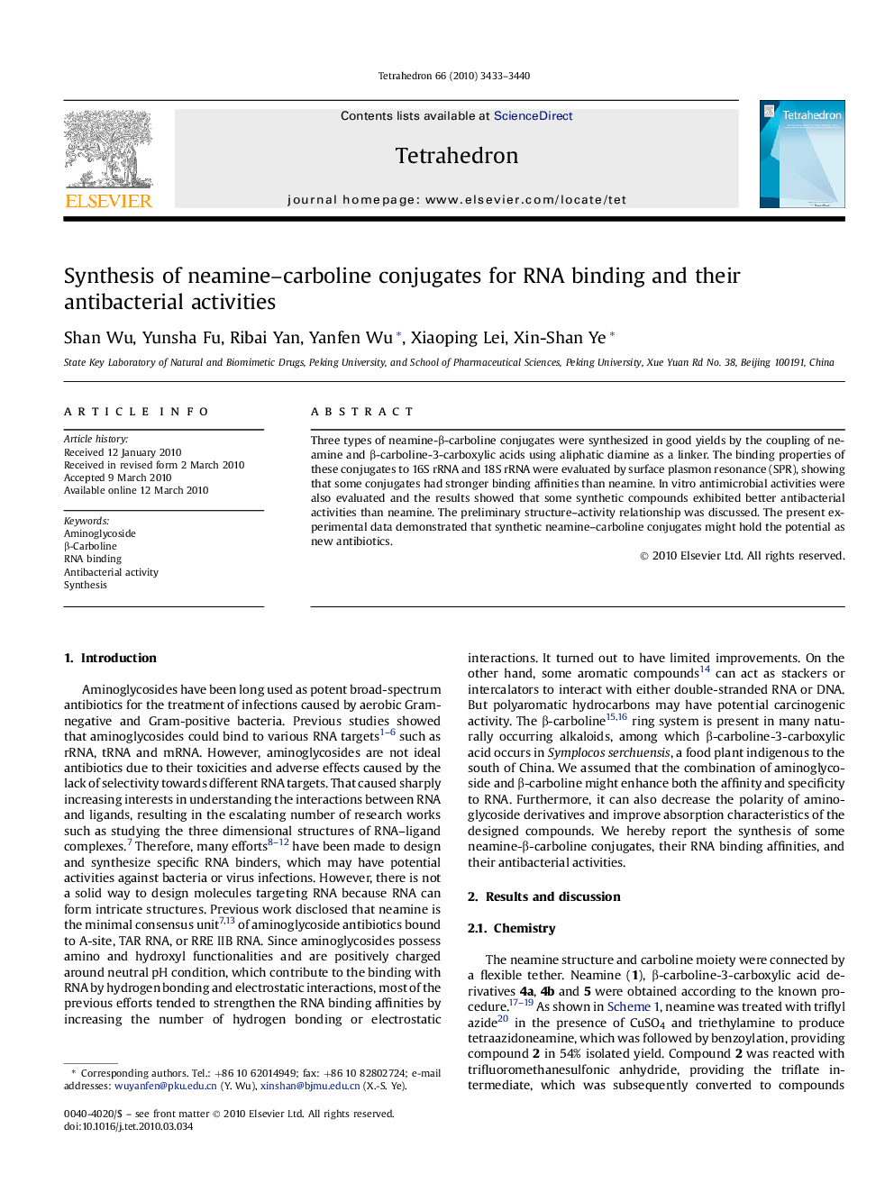 Synthesis of neamine-carboline conjugates for RNA binding and their antibacterial activities