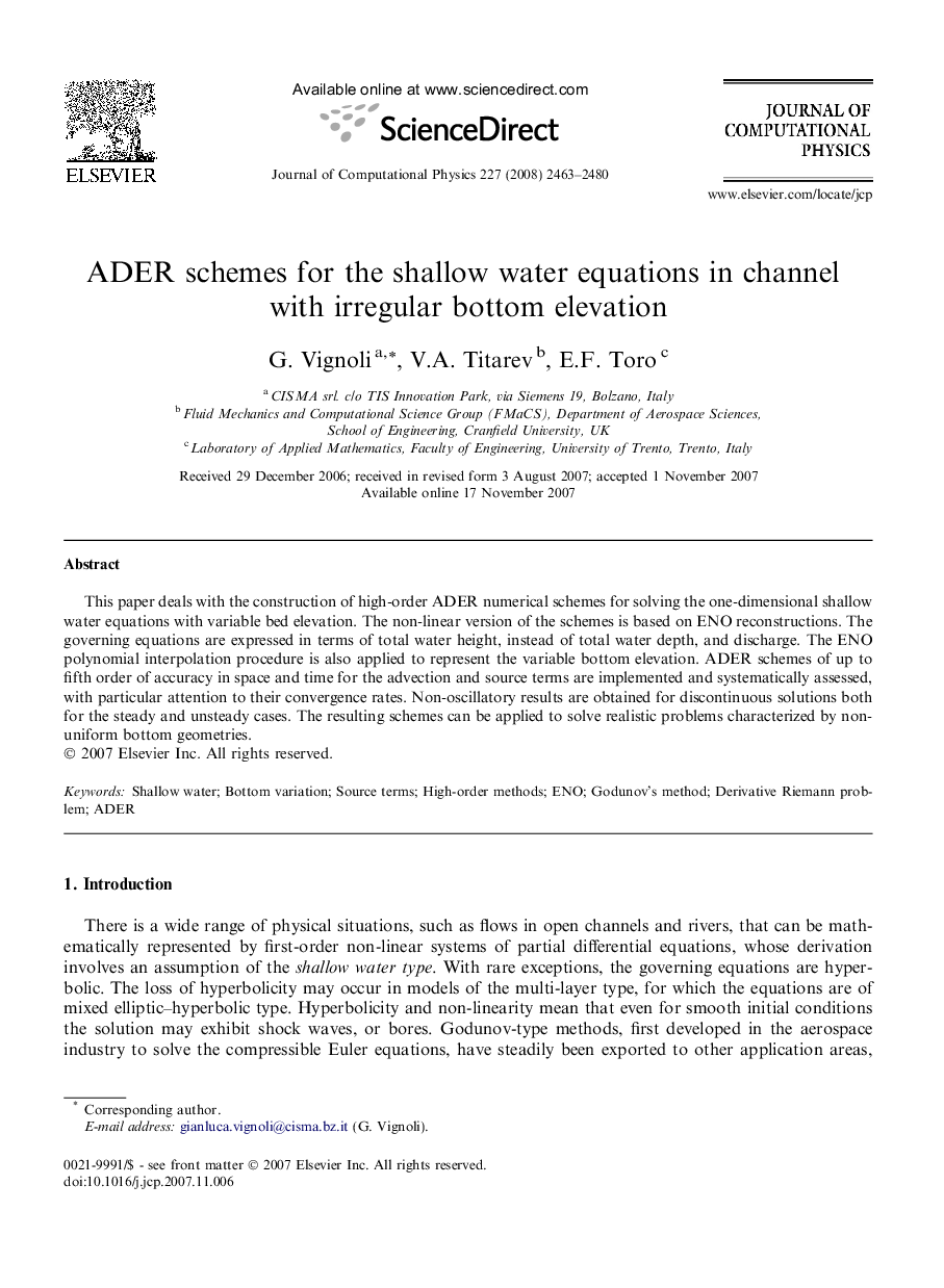 عکس صفحه اول مقاله: ADER schemes for the shallow water equations in channel with irregular bottom elevation ADER schemes for the shallow water equations in channel with irregular bottom elevation