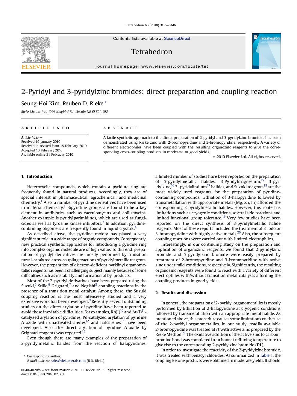 2-Pyridyl and 3-pyridylzinc bromides: direct preparation and coupling reaction