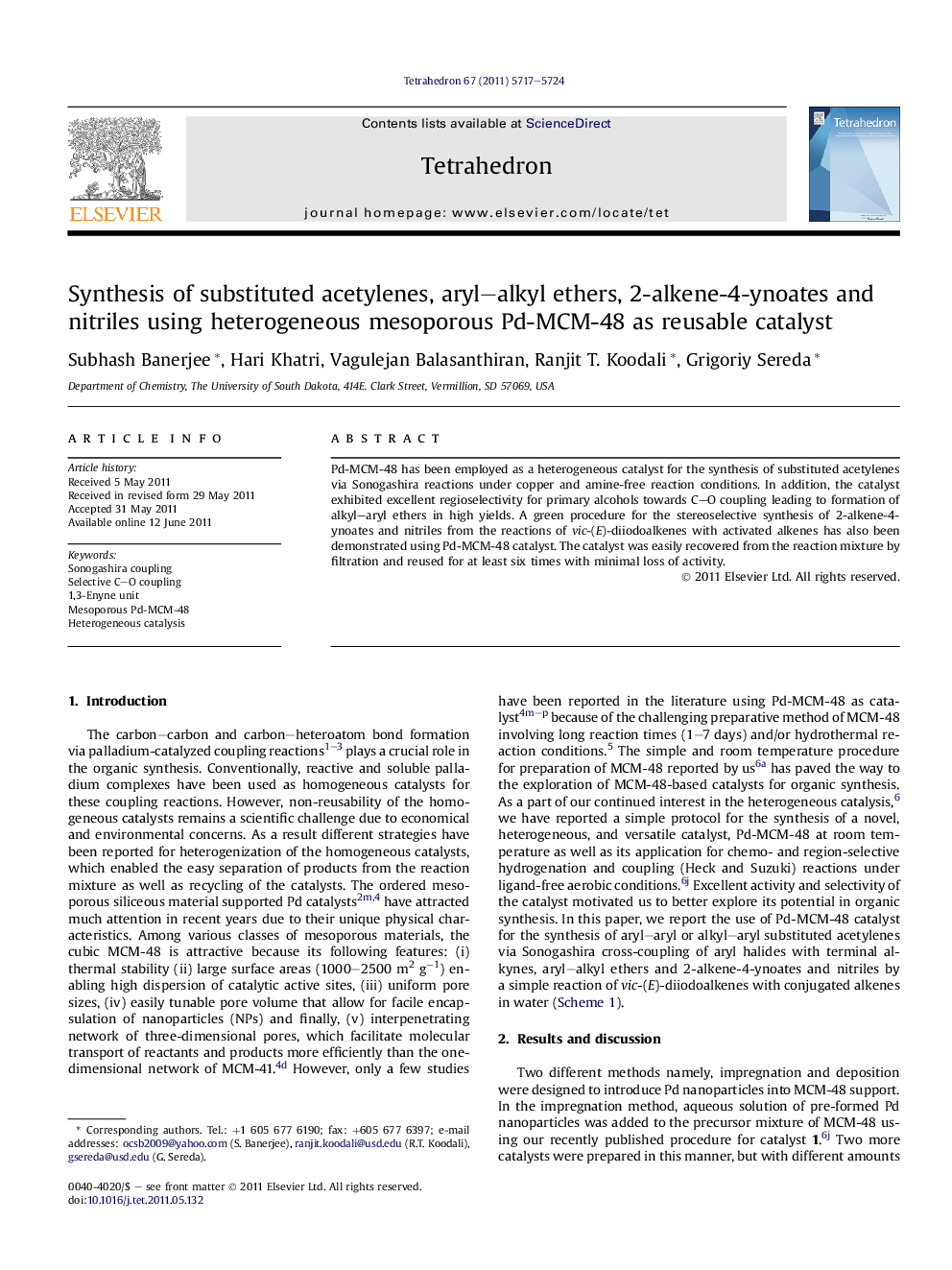 Synthesis of substituted acetylenes, aryl-alkyl ethers, 2-alkene-4-ynoates and nitriles using heterogeneous mesoporous Pd-MCM-48 as reusable catalyst