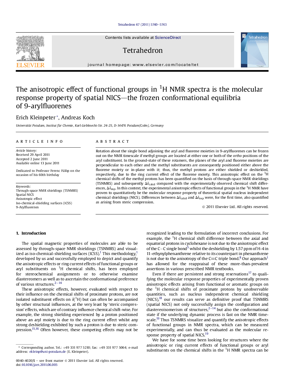 The anisotropic effect of functional groups in 1H NMR spectra is the molecular response property of spatial NICS-the frozen conformational equilibria of 9-arylfluorenes