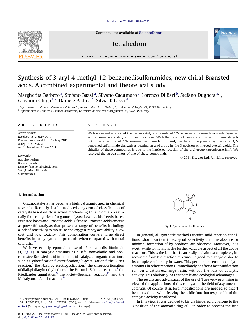 Synthesis of 3-aryl-4-methyl-1,2-benzenedisulfonimides, new chiral Brønsted acids. A combined experimental and theoretical study