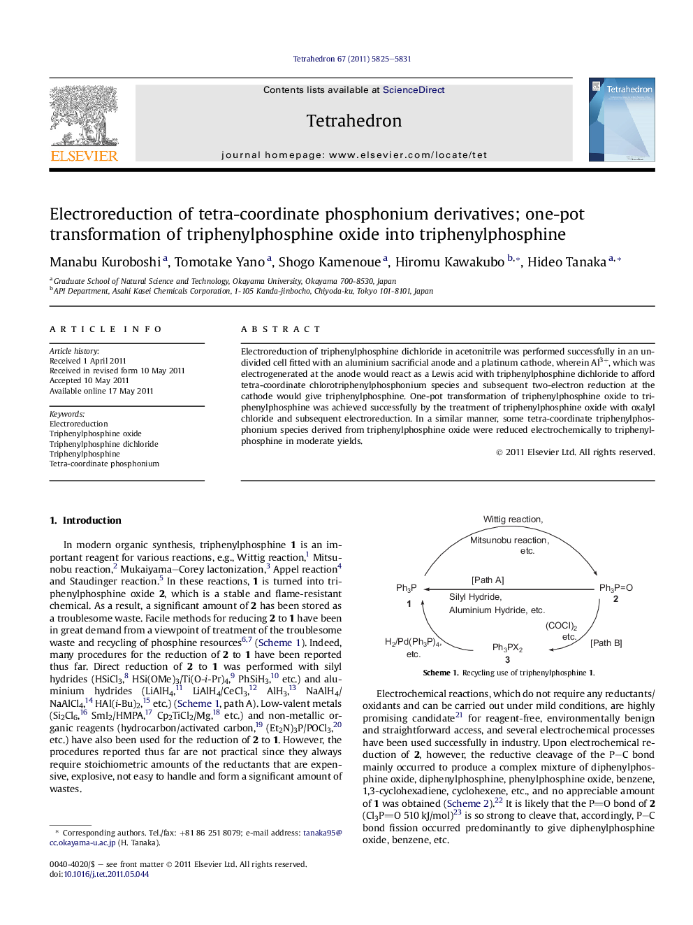 Electroreduction of tetra-coordinate phosphonium derivatives; one-pot transformation of triphenylphosphine oxide into triphenylphosphine