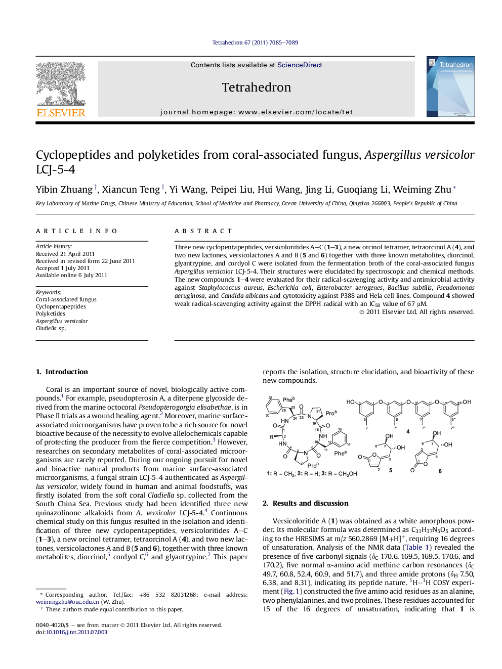 Cyclopeptides and polyketides from coral-associated fungus, Aspergillus versicolor LCJ-5-4