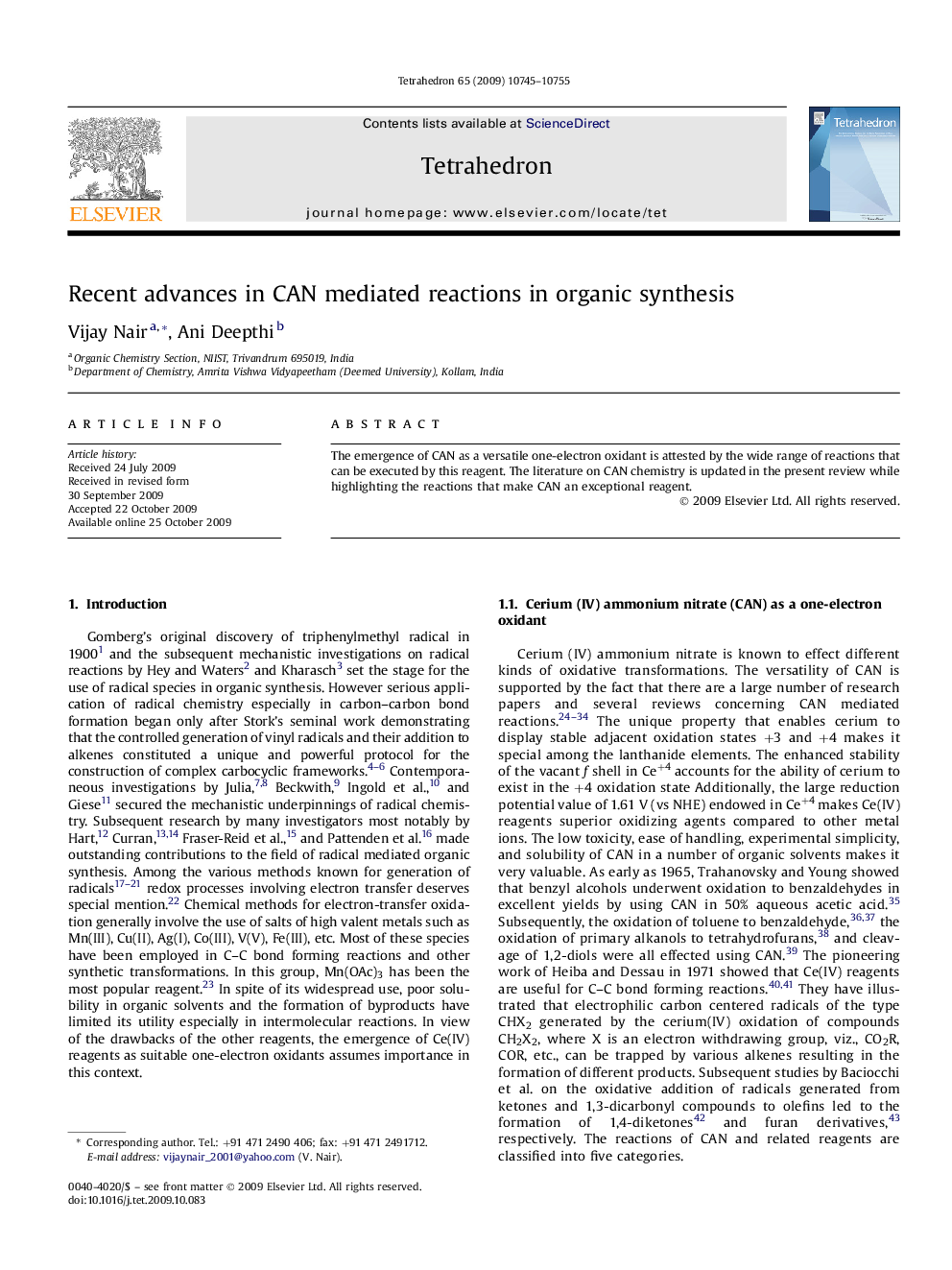 Recent advances in CAN mediated reactions in organic synthesis