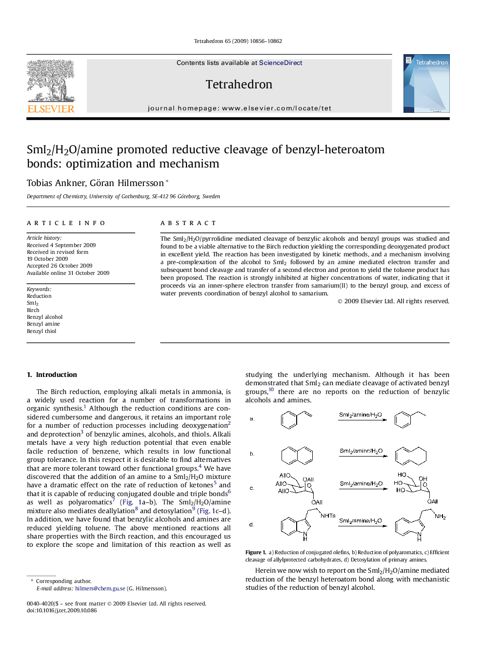 SmI2/H2O/amine promoted reductive cleavage of benzyl-heteroatom bonds: optimization and mechanism