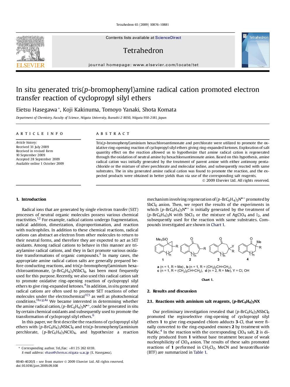 In situ generated tris(p-bromophenyl)amine radical cation promoted electron transfer reaction of cyclopropyl silyl ethers