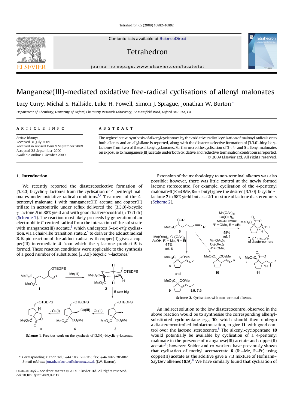 Manganese(III)-mediated oxidative free-radical cyclisations of allenyl malonates