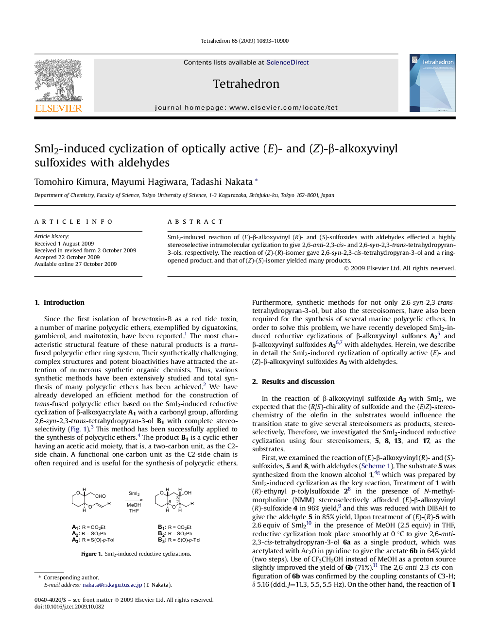 SmI2-induced cyclization of optically active (E)- and (Z)-Î²-alkoxyvinyl sulfoxides with aldehydes