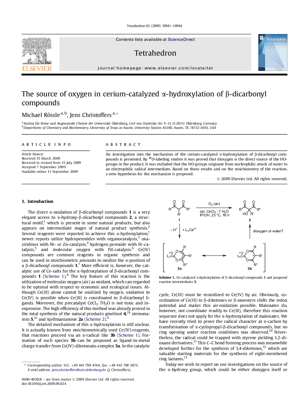 The source of oxygen in cerium-catalyzed Î±-hydroxylation of Î²-dicarbonyl compounds