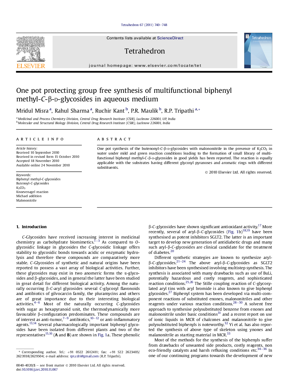One pot protecting group free synthesis of multifunctional biphenyl methyl-C-β-d-glycosides in aqueous medium
