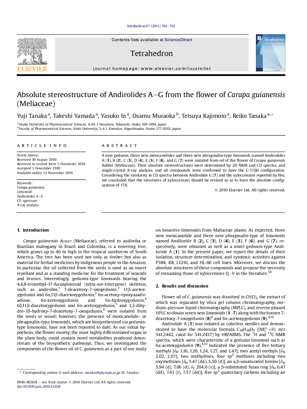 Absolute stereostructure of Andirolides A–G from the flower of Carapa guianensis (Meliaceae)