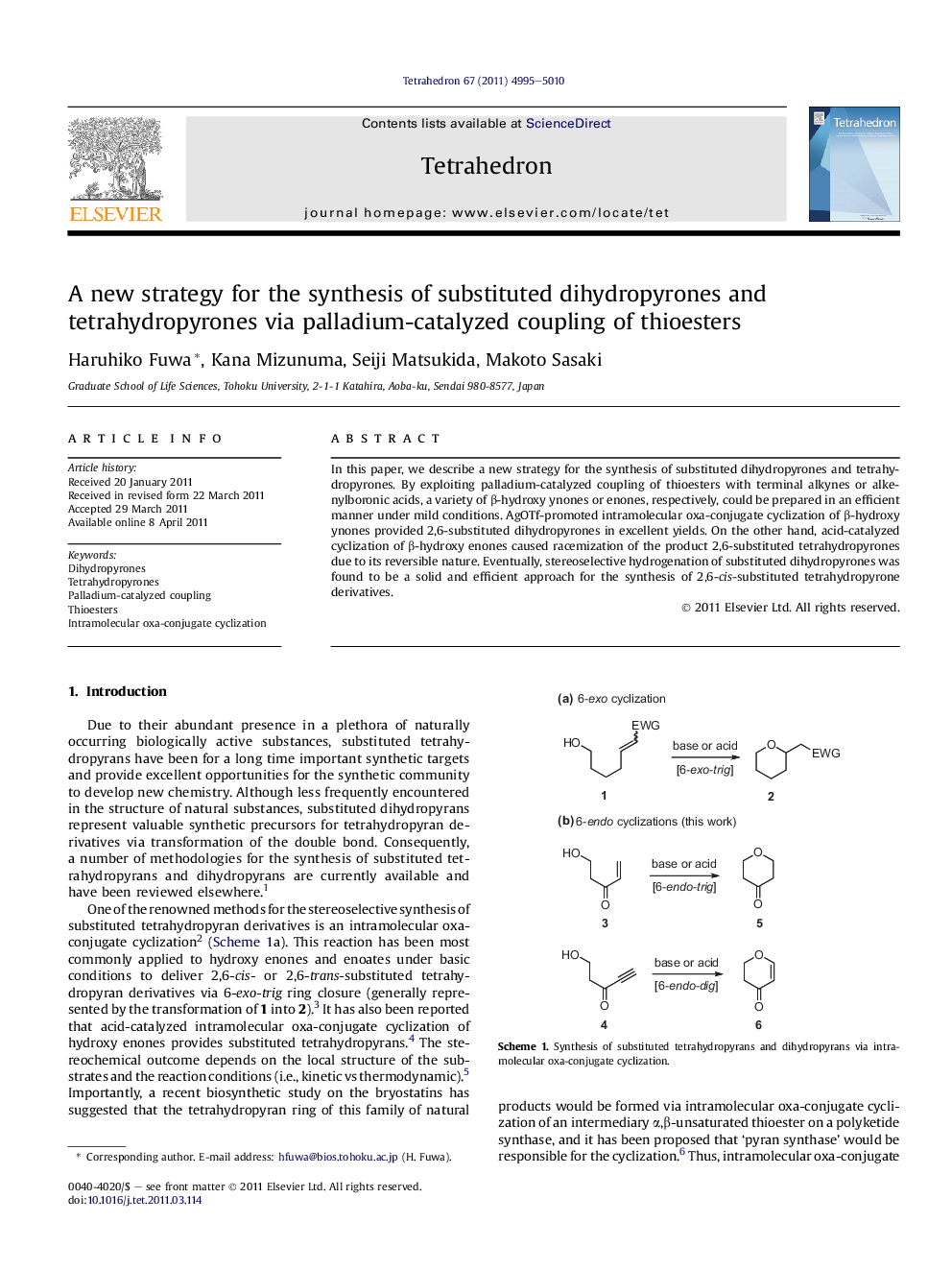 A new strategy for the synthesis of substituted dihydropyrones and tetrahydropyrones via palladium-catalyzed coupling of thioesters