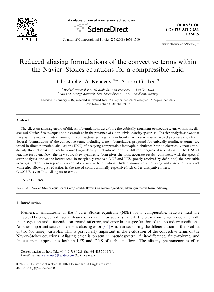 Reduced aliasing formulations of the convective terms within the Navier–Stokes equations for a compressible fluid