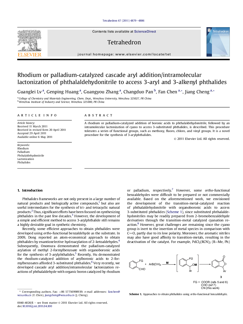 Rhodium or palladium-catalyzed cascade aryl addition/intramolecular lactonization of phthalaldehydonitrile to access 3-aryl and 3-alkenyl phthalides