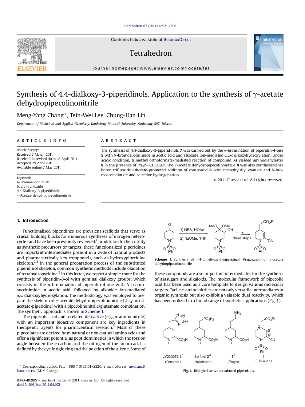 Synthesis of 4,4-dialkoxy-3-piperidinols. Application to the synthesis of γ-acetate dehydropipecolinonitrile