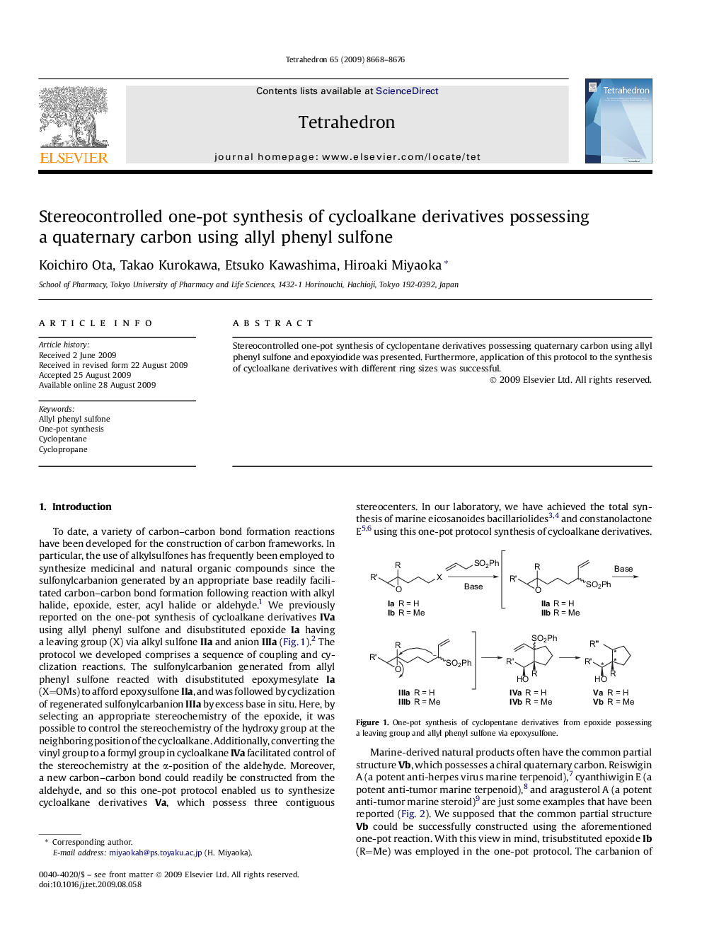 Stereocontrolled one-pot synthesis of cycloalkane derivatives possessing a quaternary carbon using allyl phenyl sulfone