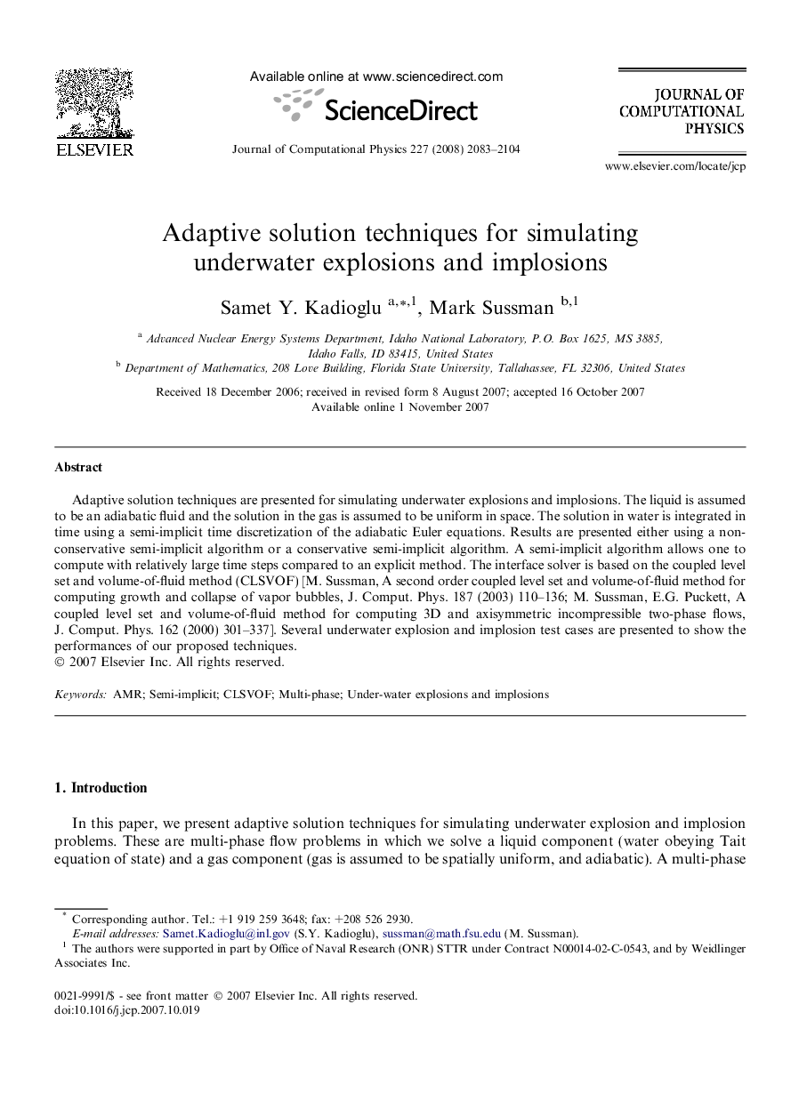 Adaptive solution techniques for simulating underwater explosions and implosions