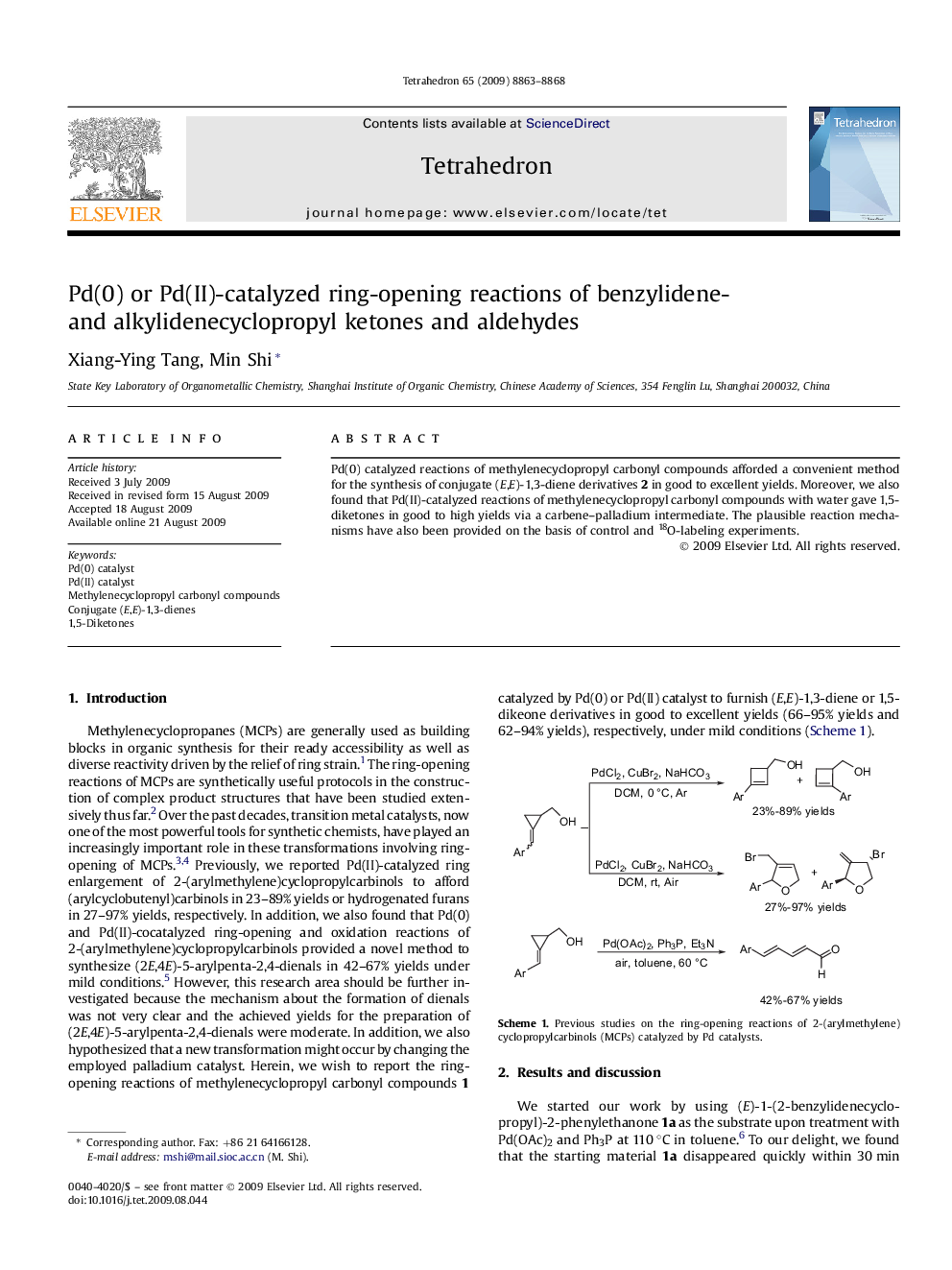 Pd(0) or Pd(II)-catalyzed ring-opening reactions of benzylidene- and alkylidenecyclopropyl ketones and aldehydes