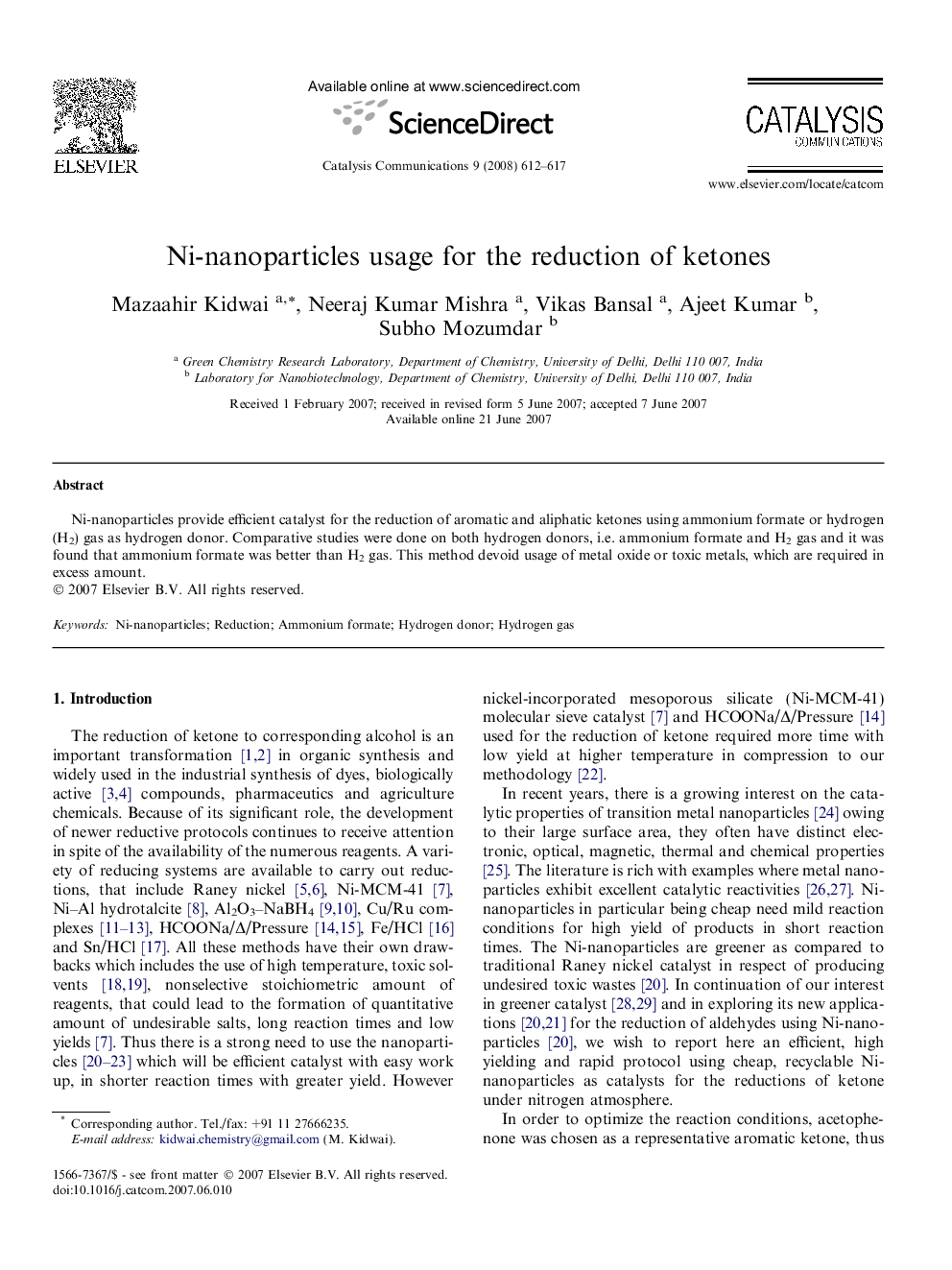 Ni-nanoparticles usage for the reduction of ketones