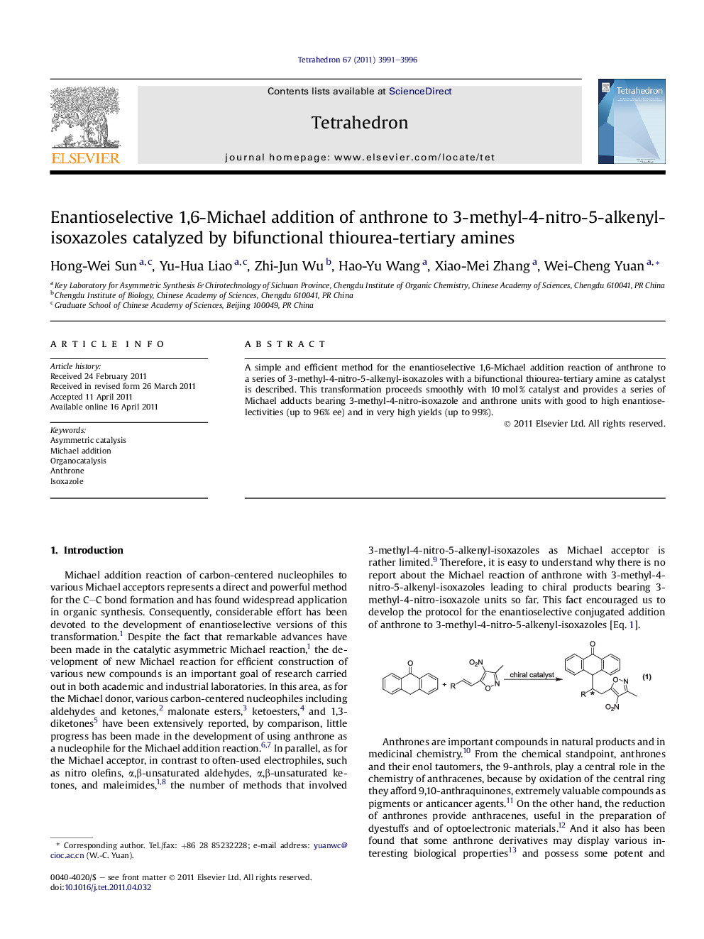 Enantioselective 1,6-Michael addition of anthrone to 3-methyl-4-nitro-5-alkenyl-isoxazoles catalyzed by bifunctional thiourea-tertiary amines