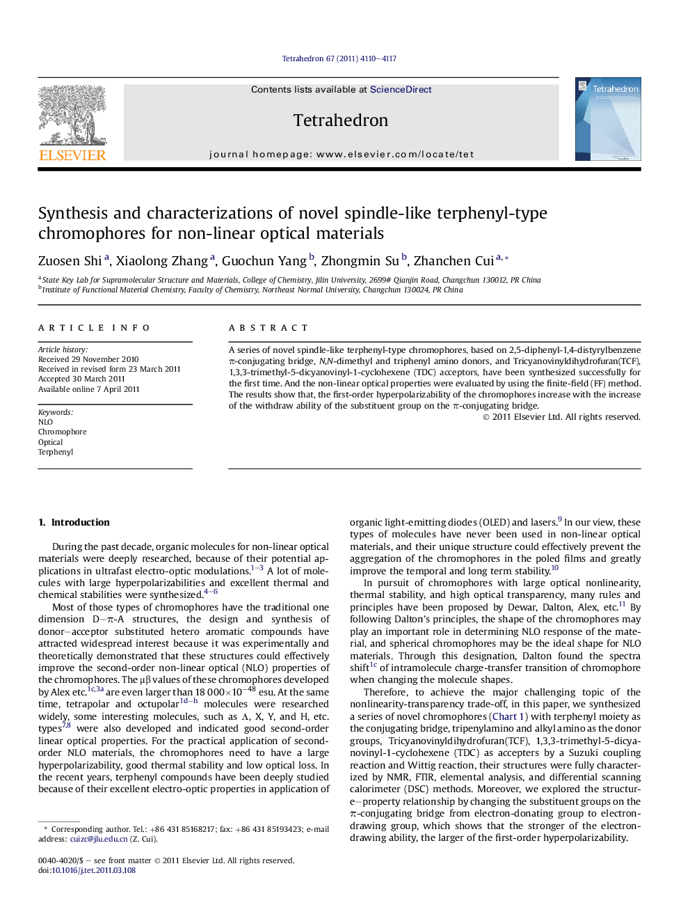 Synthesis and characterizations of novel spindle-like terphenyl-type chromophores for non-linear optical materials