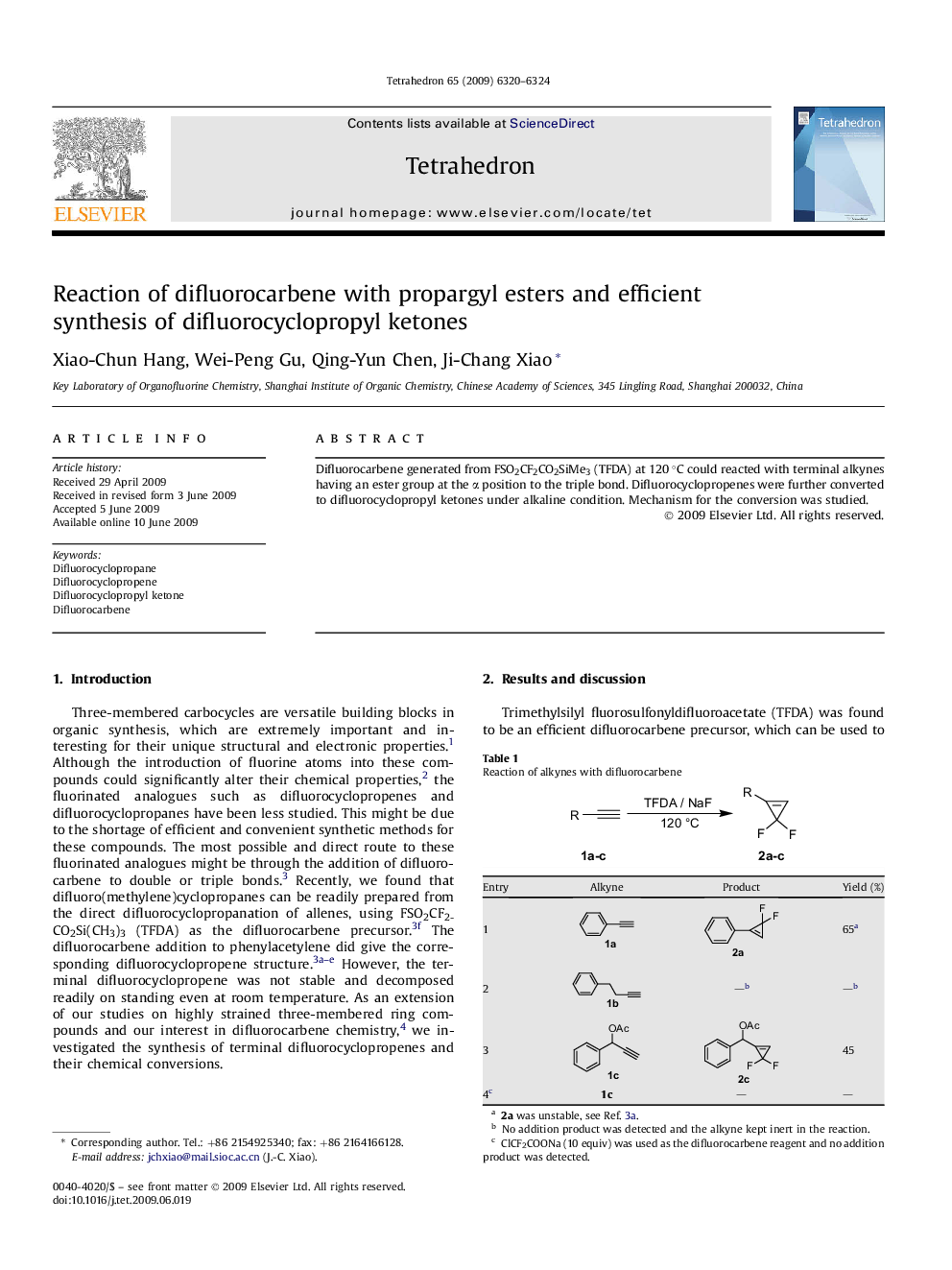 Reaction of difluorocarbene with propargyl esters and efficient synthesis of difluorocyclopropyl ketones