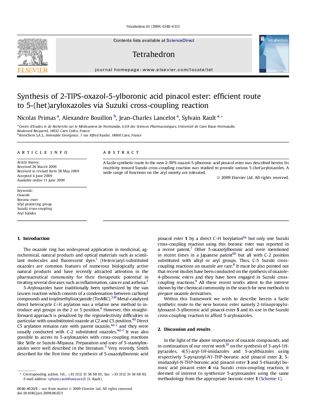 Synthesis of 2-TIPS-oxazol-5-ylboronic acid pinacol ester: efficient route to 5-(het)aryloxazoles via Suzuki cross-coupling reaction