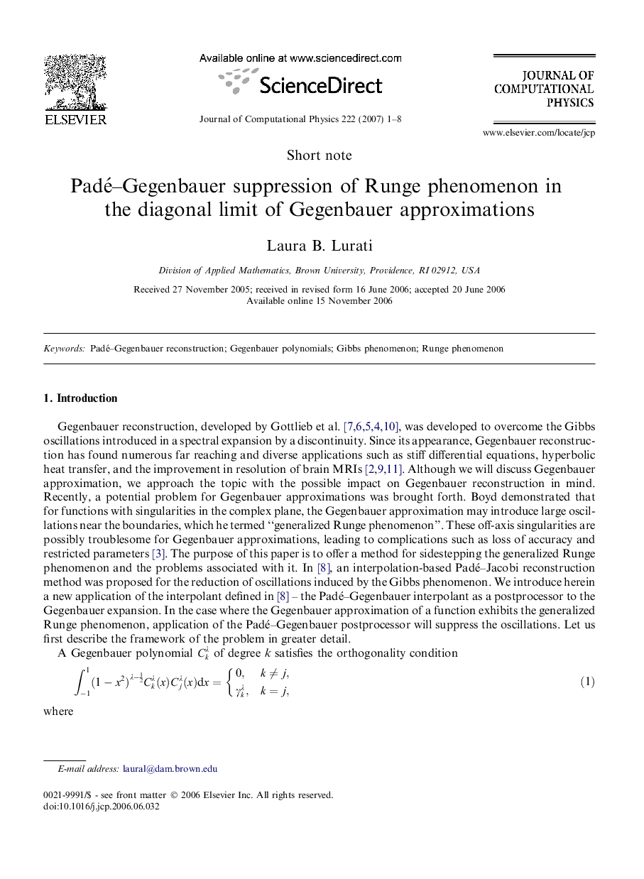 Padé-Gegenbauer suppression of Runge phenomenon in the diagonal limit of Gegenbauer approximations