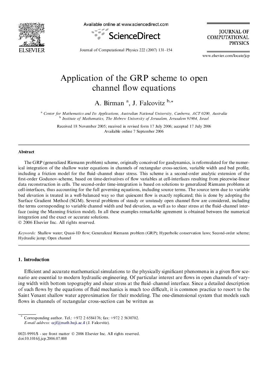 Application of the GRP scheme to open channel flow equations