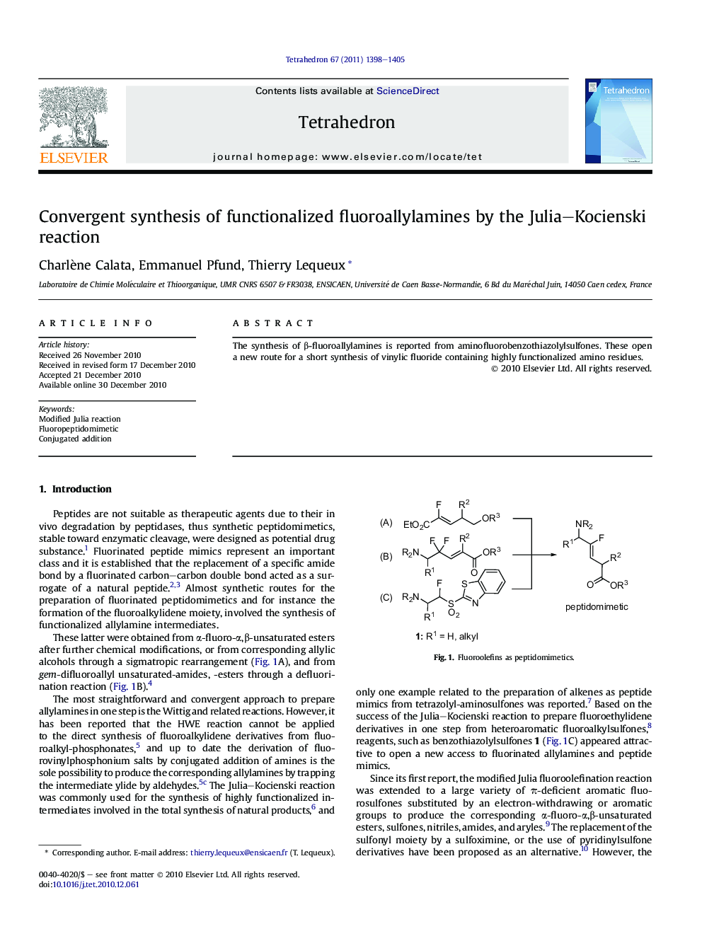 Convergent synthesis of functionalized fluoroallylamines by the Julia–Kocienski reaction