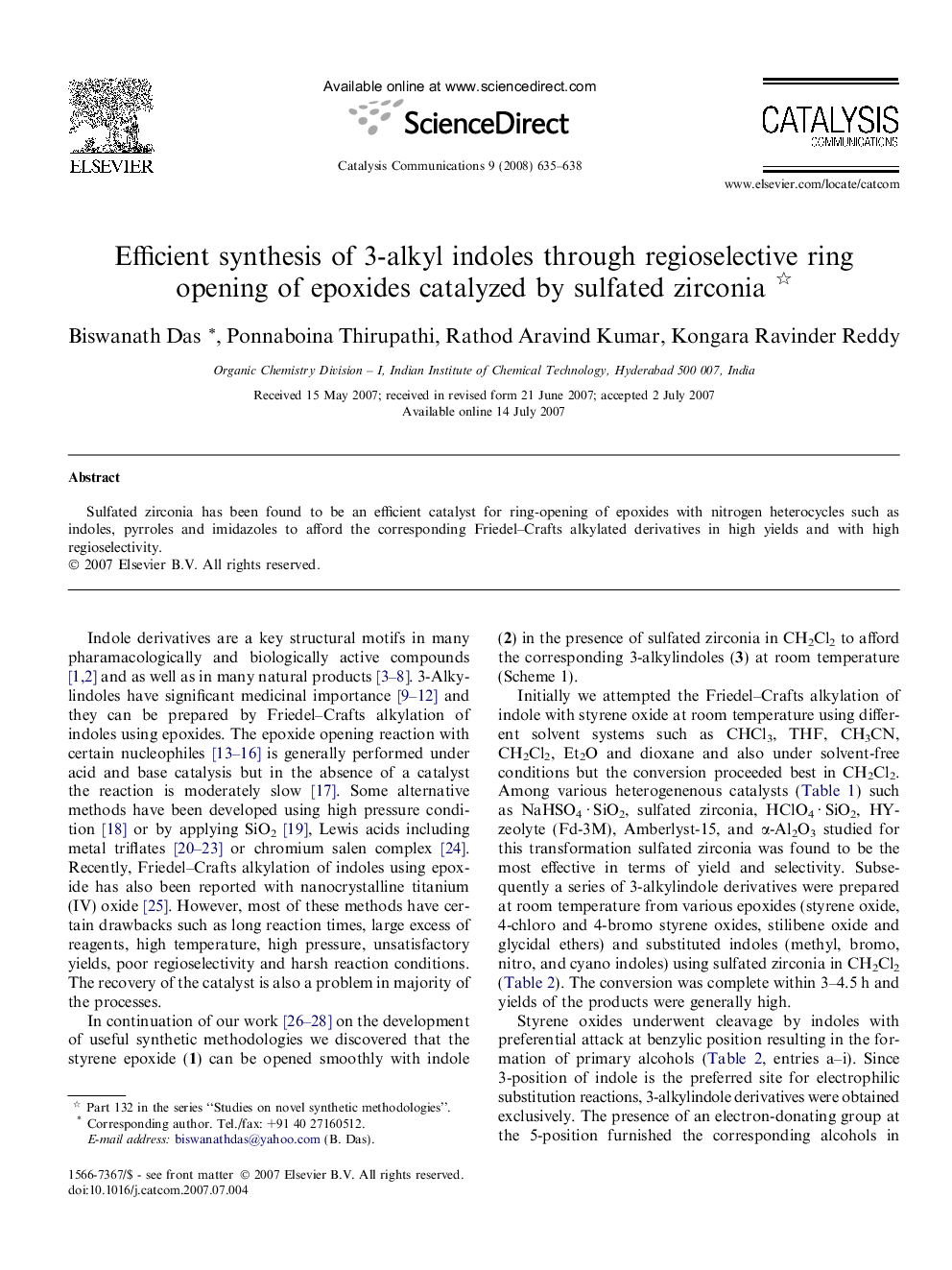 Efficient synthesis of 3-alkyl indoles through regioselective ring opening of epoxides catalyzed by sulfated zirconia 