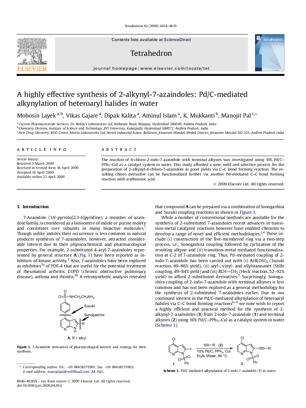 A highly effective synthesis of 2-alkynyl-7-azaindoles: Pd/C-mediated alkynylation of heteroaryl halides in water