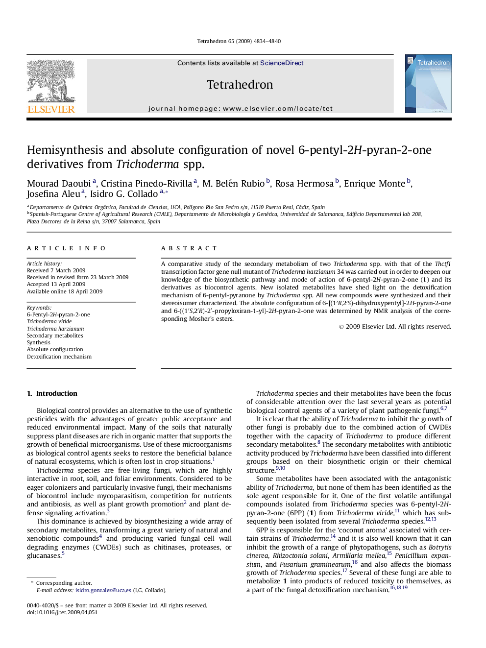 Hemisynthesis and absolute configuration of novel 6-pentyl-2H-pyran-2-one derivatives from Trichoderma spp.