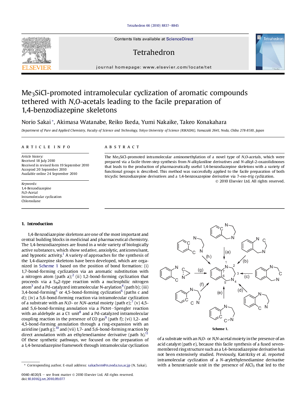 Me3SiCl-promoted intramolecular cyclization of aromatic compounds tethered with N,O-acetals leading to the facile preparation of 1,4-benzodiazepine skeletons