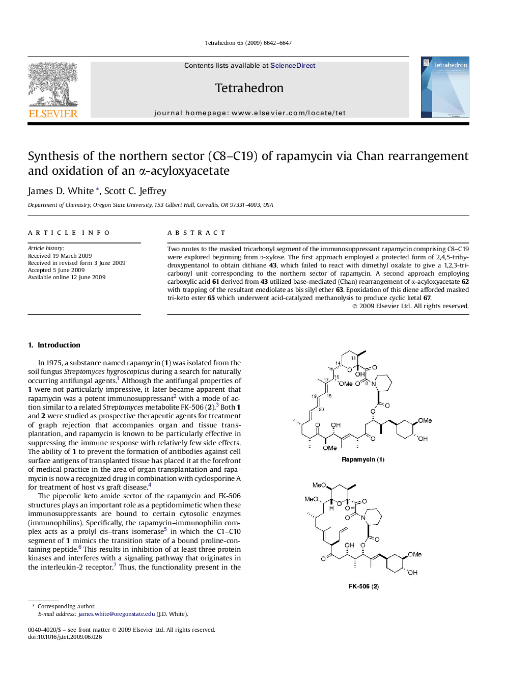 عکس صفحه اول مقاله: Synthesis of the northern sector (C8-C19) of rapamycin via Chan rearrangement and oxidation of an α-acyloxyacetate Synthesis of the northern sector (C8-C19) of rapamycin via Chan rearrangement and oxidation of an α-acyloxyacetate