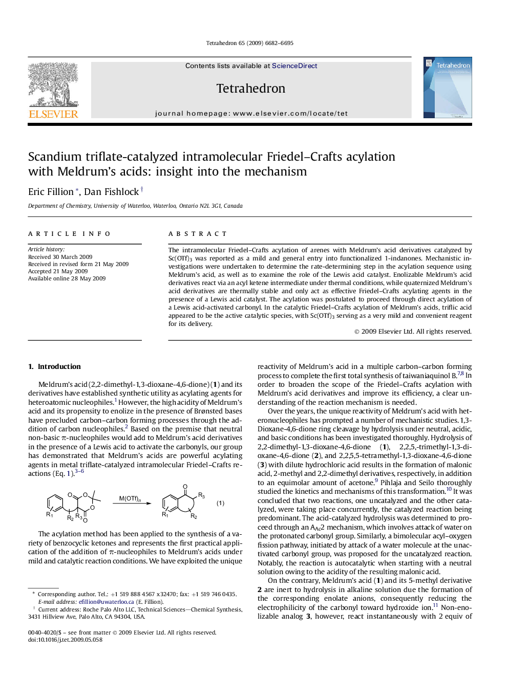 Scandium triflate-catalyzed intramolecular Friedel-Crafts acylation with Meldrum's acids: insight into the mechanism