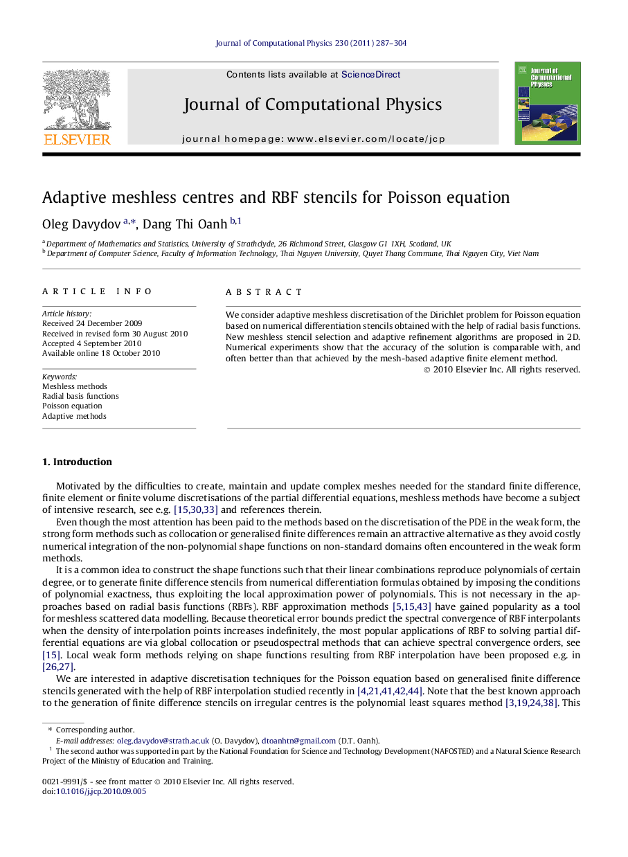 Adaptive meshless centres and RBF stencils for Poisson equation