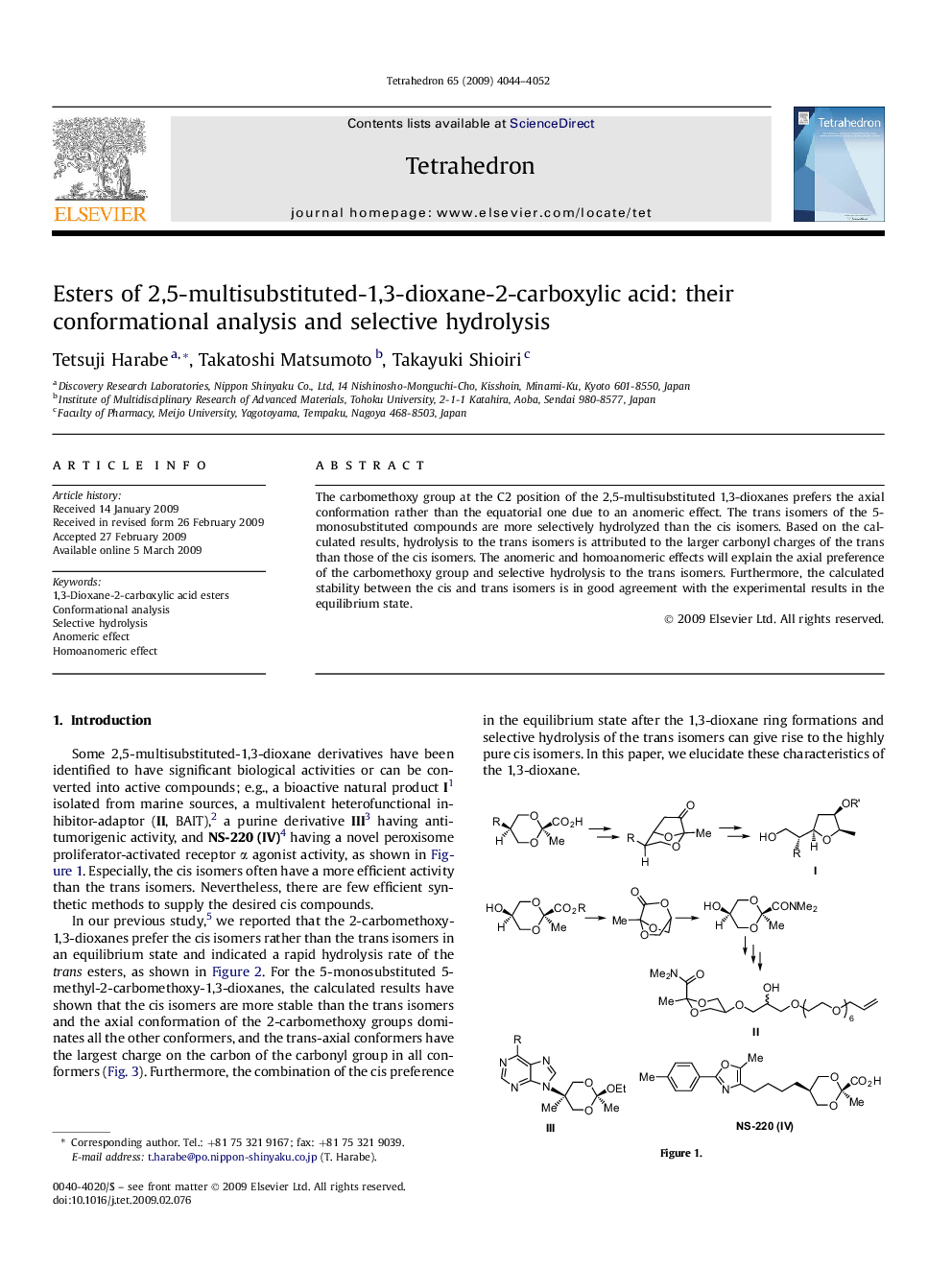 Esters of 2,5-multisubstituted-1,3-dioxane-2-carboxylic acid: their conformational analysis and selective hydrolysis