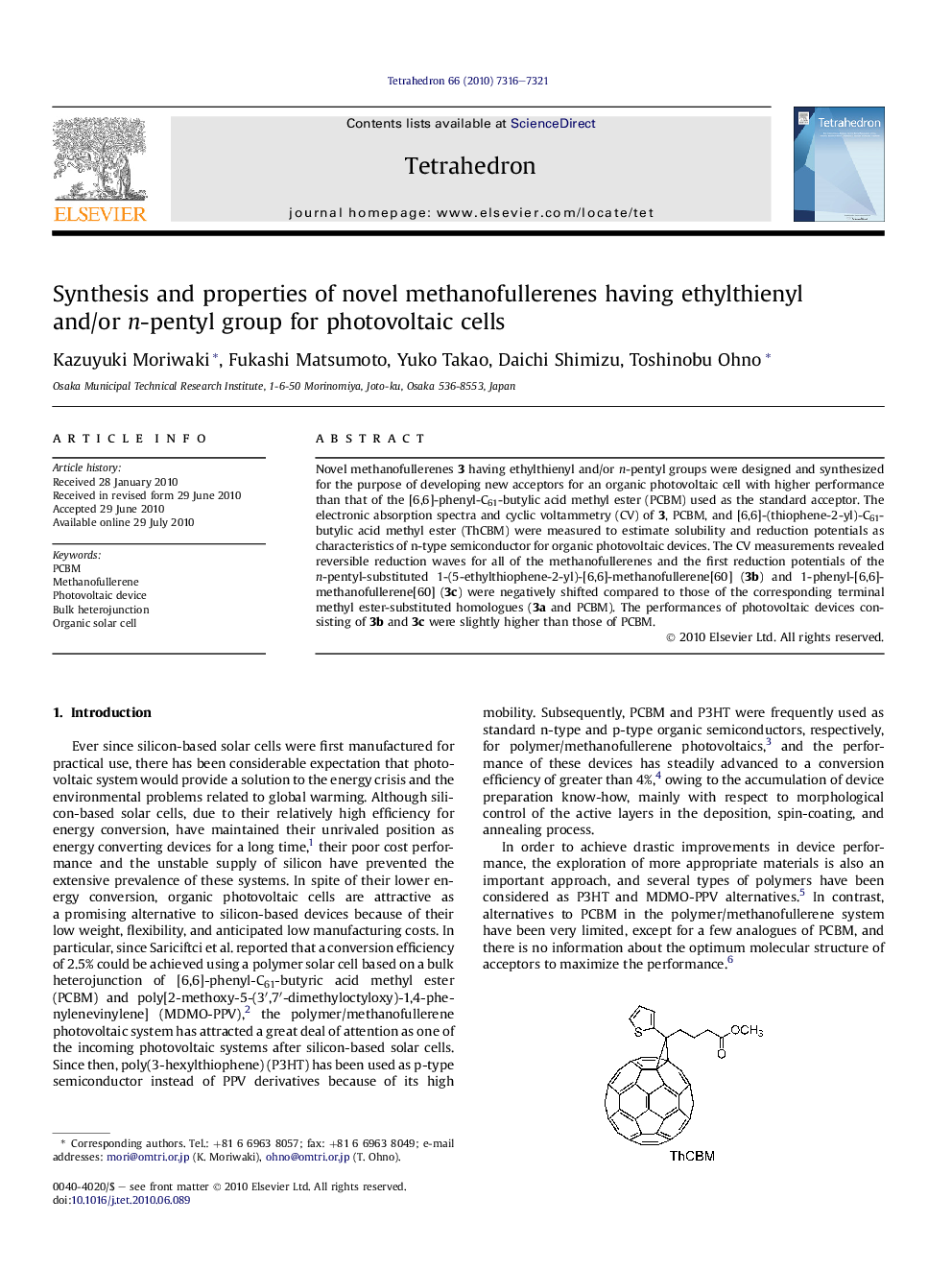 Synthesis and properties of novel methanofullerenes having ethylthienyl and/or n-pentyl group for photovoltaic cells