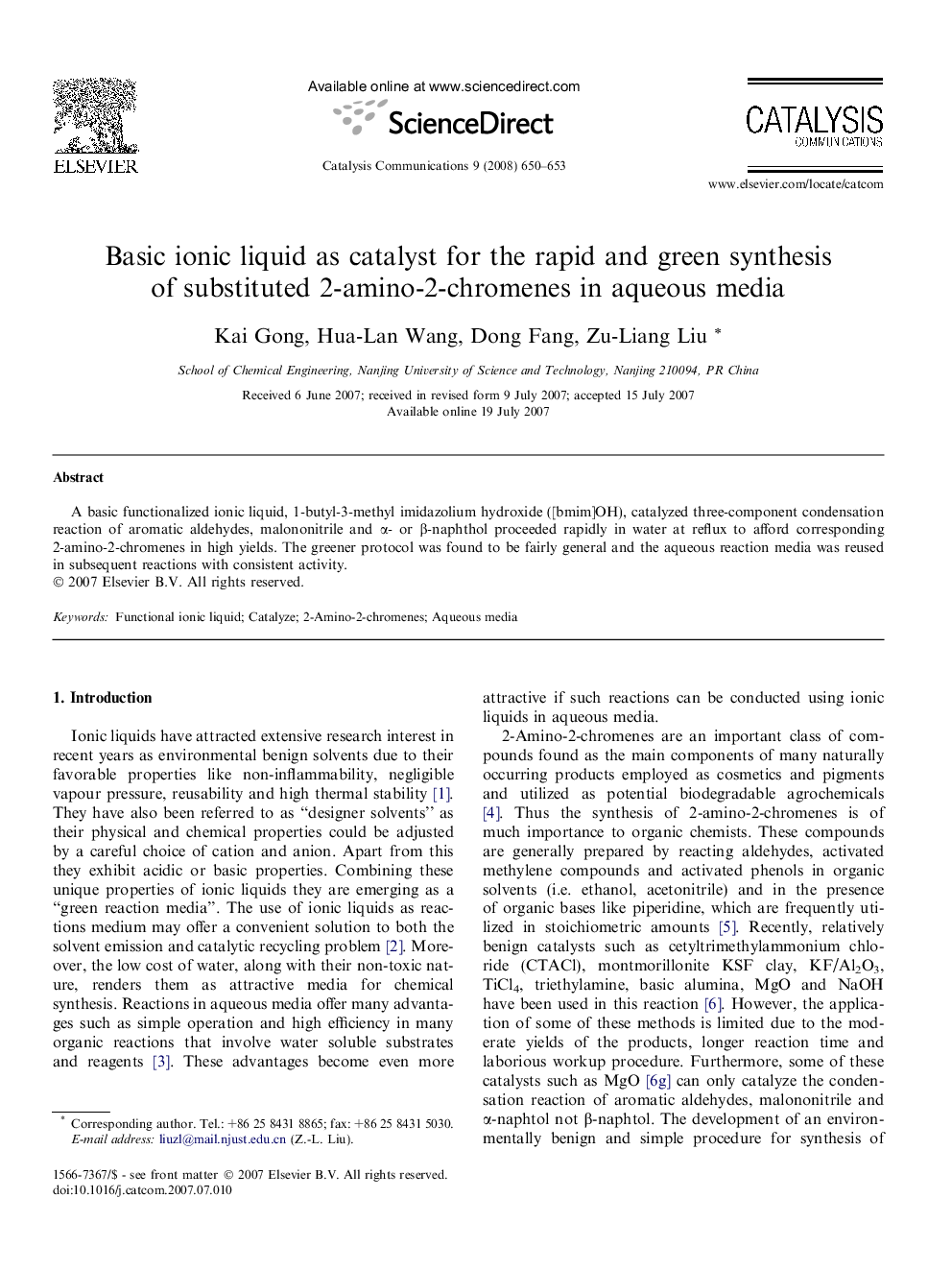 Basic ionic liquid as catalyst for the rapid and green synthesis of substituted 2-amino-2-chromenes in aqueous media