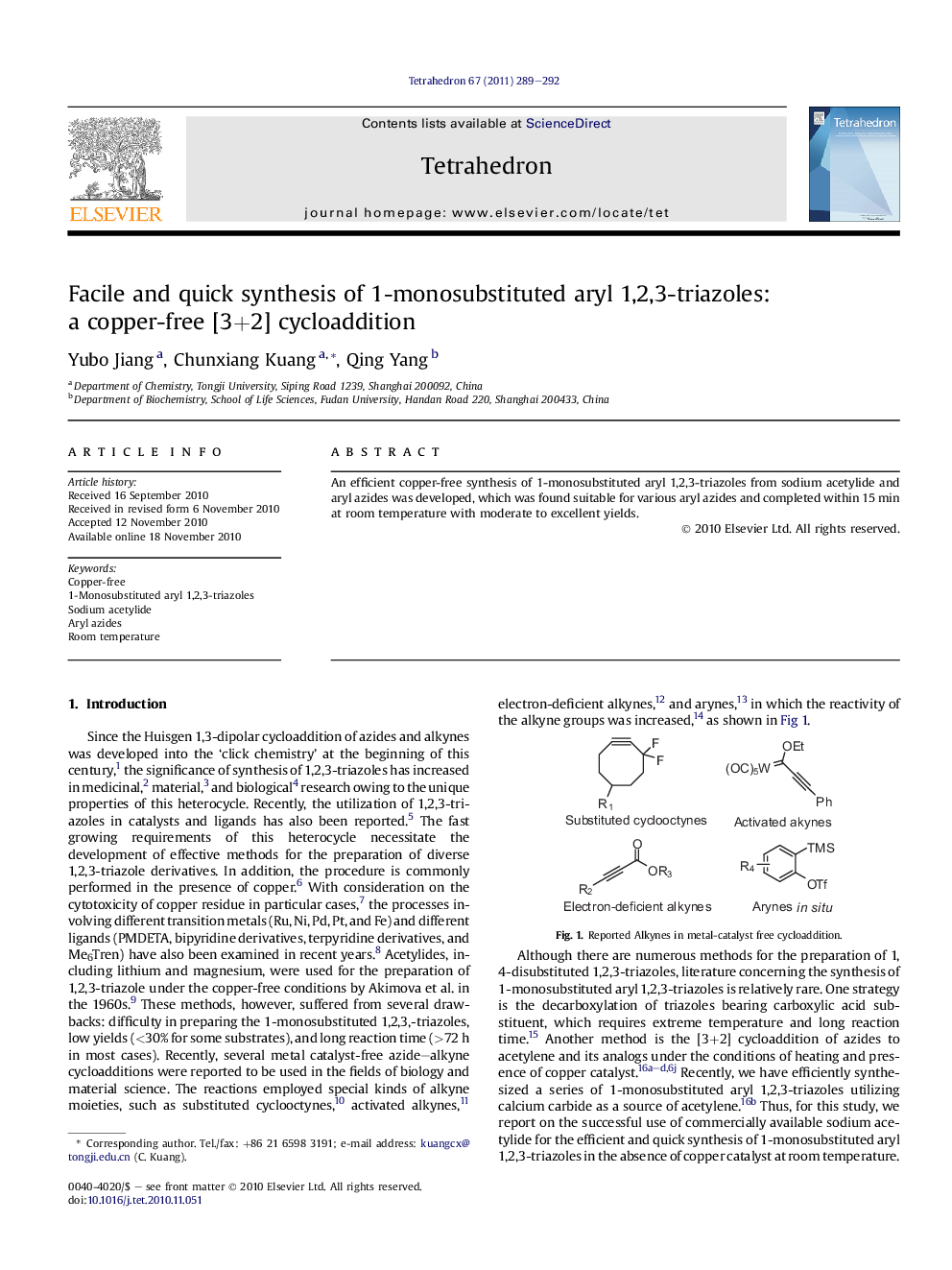 Facile and quick synthesis of 1-monosubstituted aryl 1,2,3-triazoles: a copper-free [3+2] cycloaddition