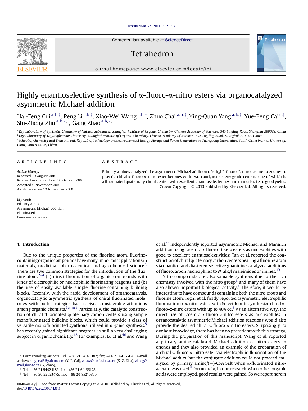 Highly enantioselective synthesis of Î±-fluoro-Î±-nitro esters via organocatalyzed asymmetric Michael addition