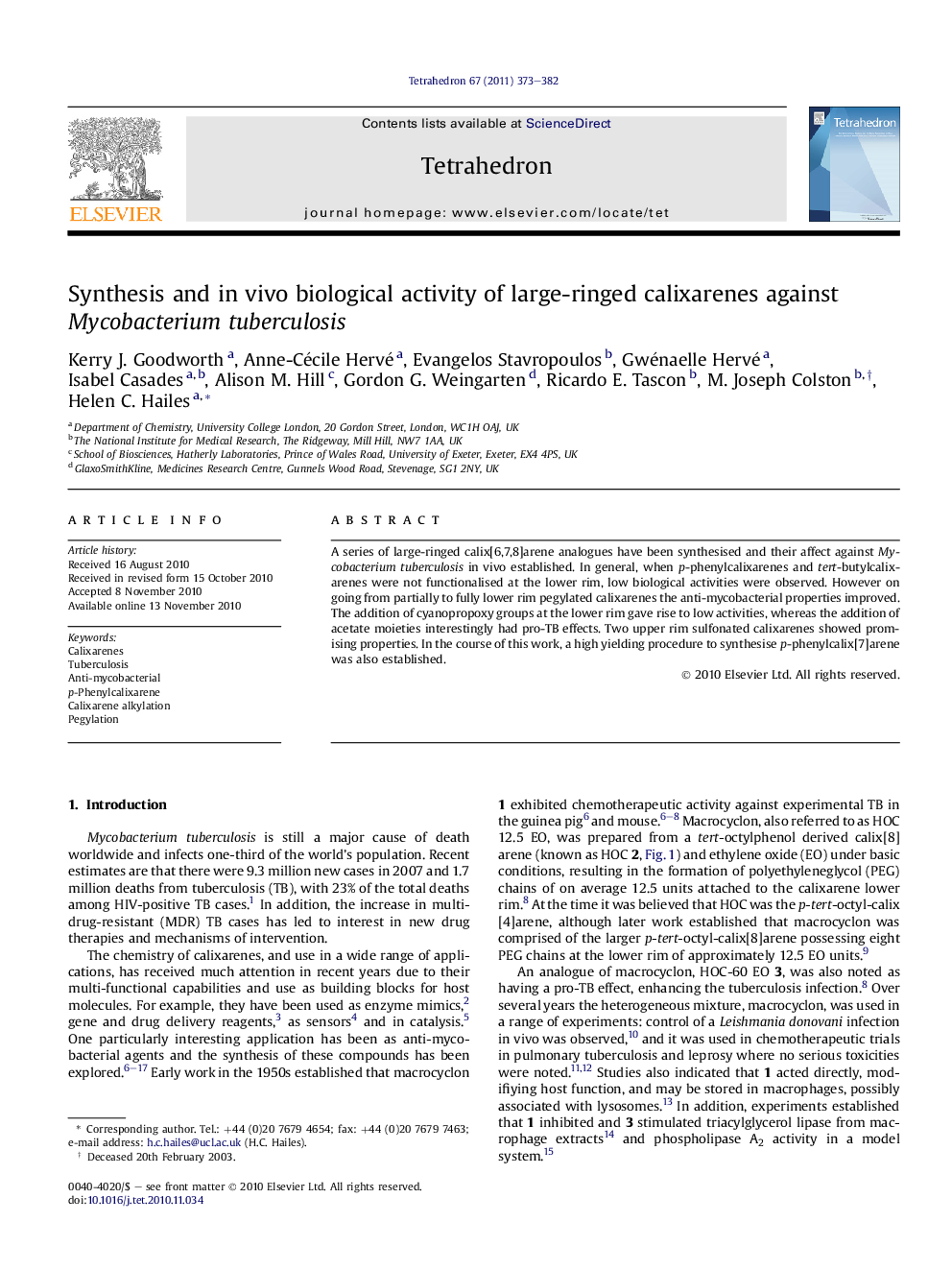 Synthesis and in vivo biological activity of large-ringed calixarenes against Mycobacterium tuberculosis