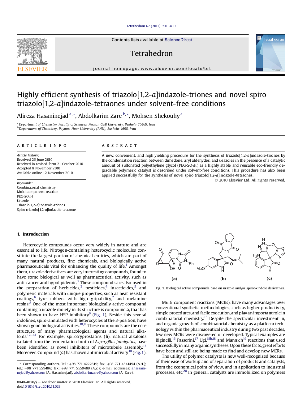 Highly efficient synthesis of triazolo[1,2-a]indazole-triones and novel spiro triazolo[1,2-a]indazole-tetraones under solvent-free conditions