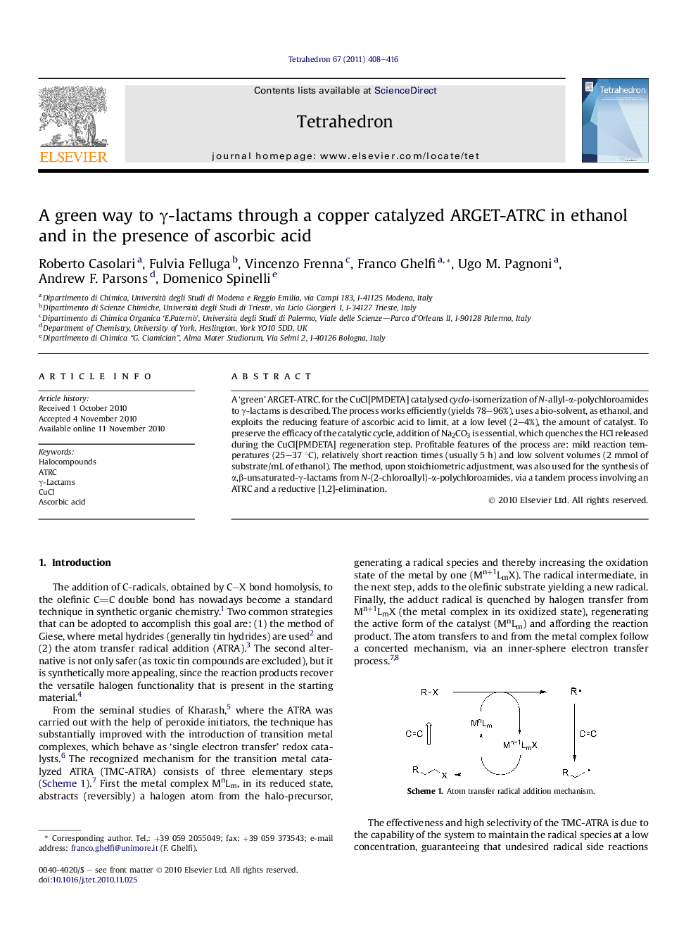 A green way to Î³-lactams through a copper catalyzed ARGET-ATRC in ethanol and in the presence of ascorbic acid